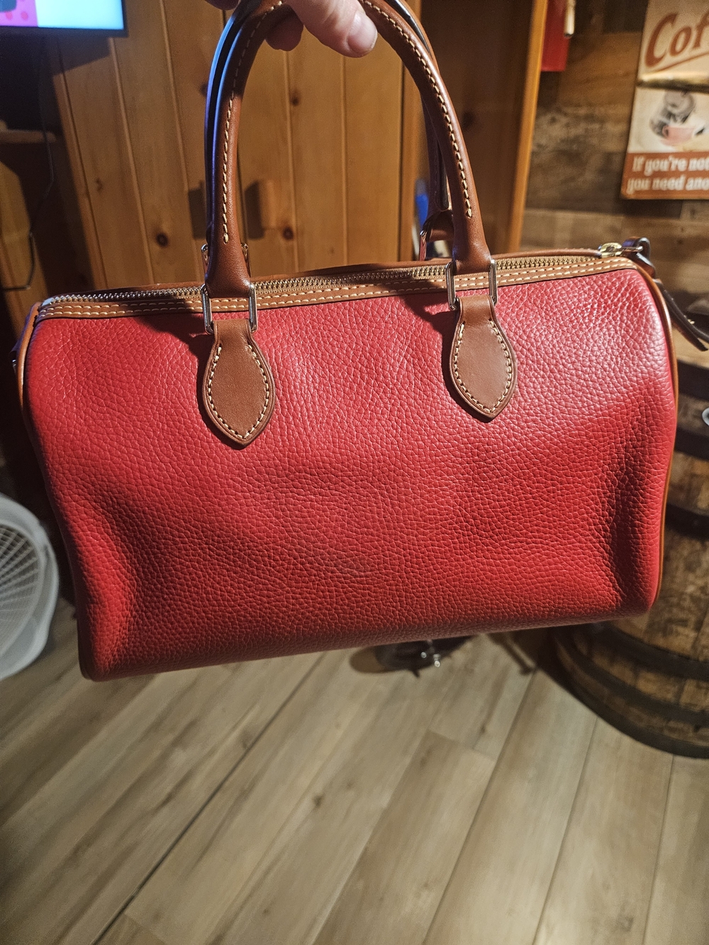 Dooney & Bourke Red Pebbled Grain Trudy  Leather Satchel with Brown Trim - Picture 5 of 6